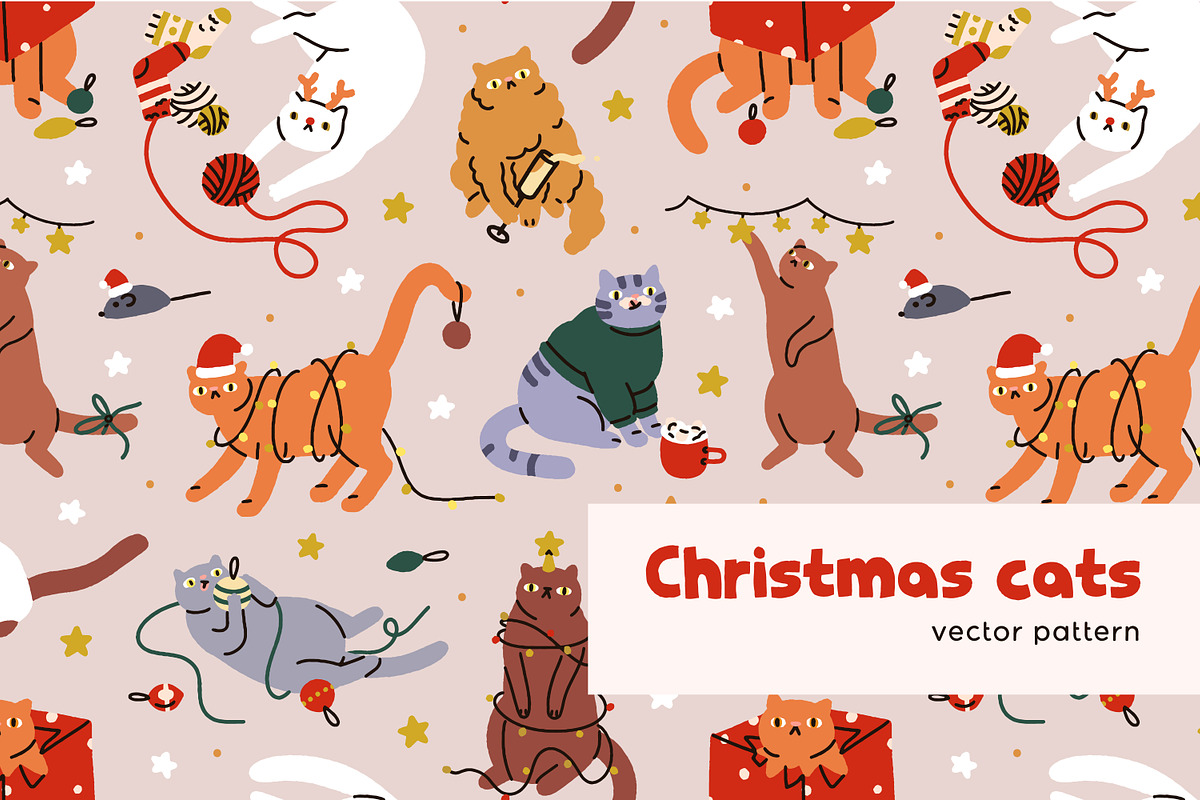 Cute Christmas cats seamless pattern, a Pattern Graphic by Good Studio (Photo 1 of 5)