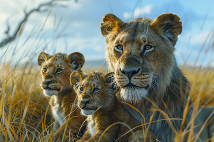 Big female lion with lion cub in savannah, an Animal Photo by AlyaAnd