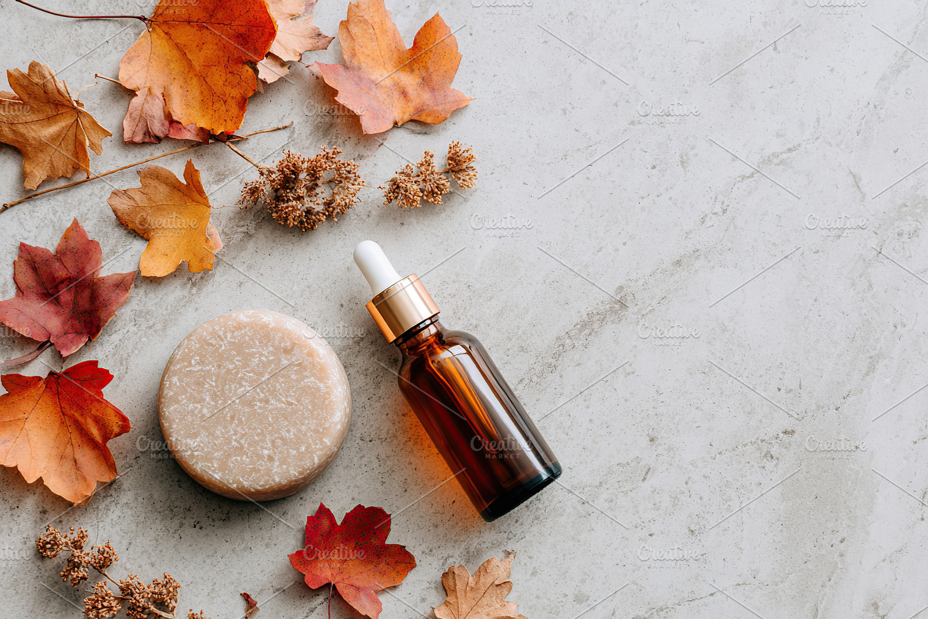 Skincare product mockup with autumn leaves on stone surface in soft natural lig, a Beauty & Fashion Photo by AlyaAnd