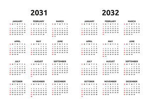 Calendar 2025, 2026 And 2032