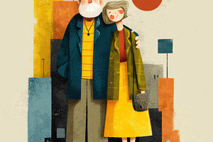 Stylized Illustration of Elderly Couple Embracing in Urban Citys, a Food & Drink Photo by José Manuel Gelpi