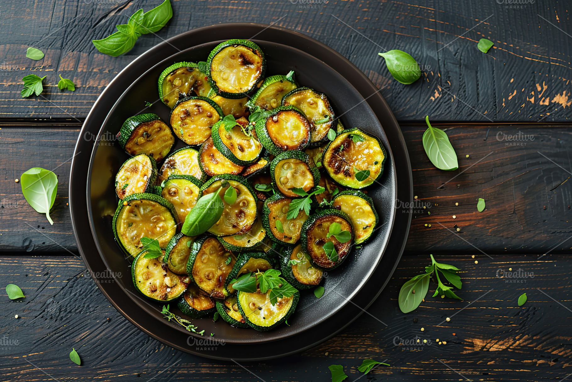 Grilled zucchini pieces in plate on wooden table, a Food & Drink Photo by AlyaAnd