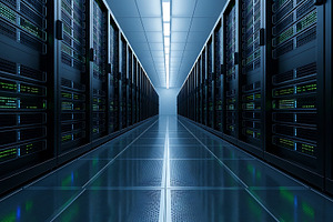 A long corridor in a data center wit, a Technology Photo by Artonix