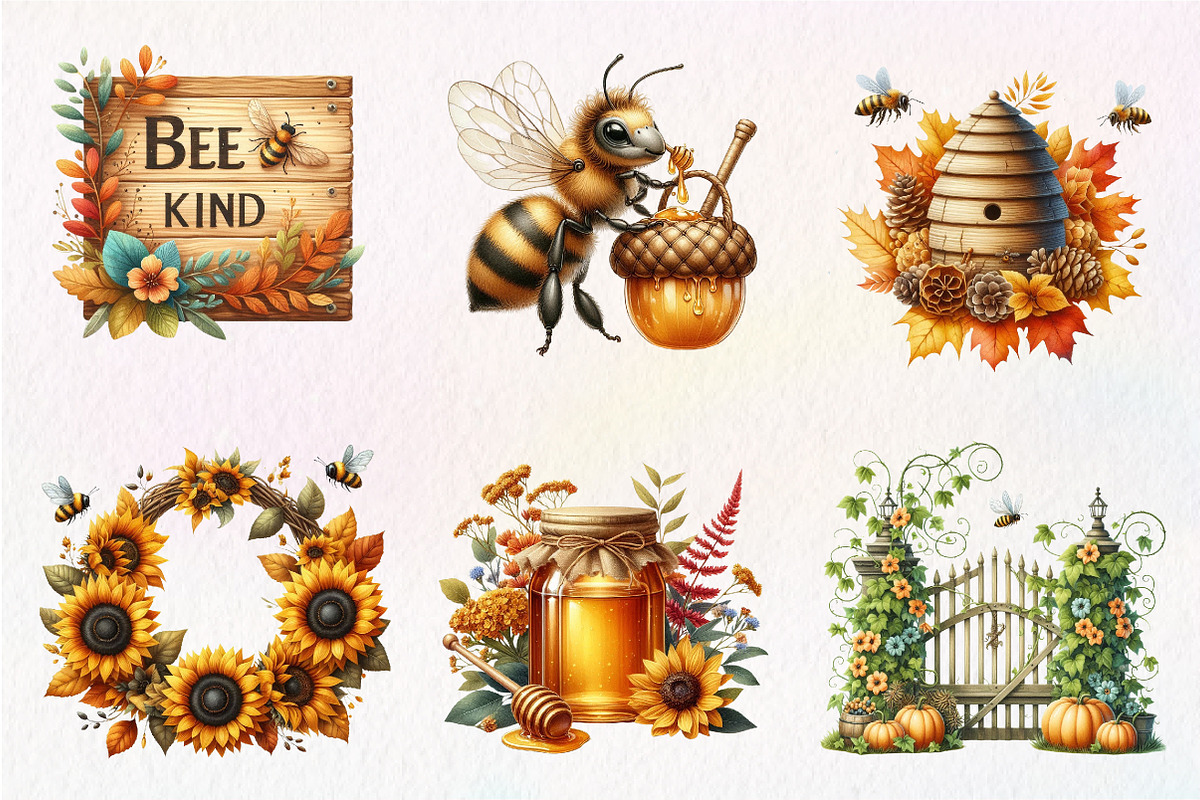 Watercolor Autumn Bees Garden Clipar, an Illustration by CreationArt (Photo 5 of 9)