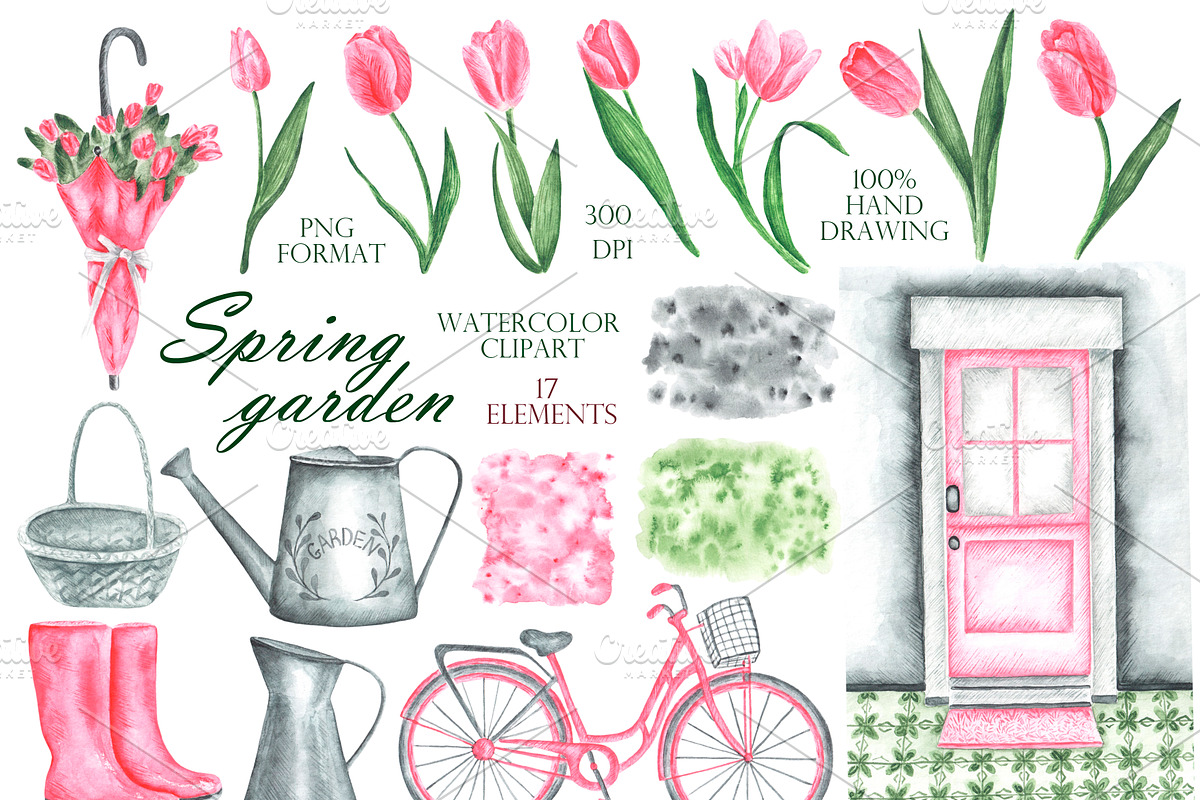 Pink tulips watercolor set. Flowers, an Illustration by SabinaWatercolorArt (Photo 2 of 14)