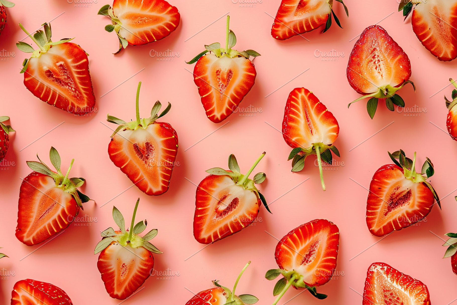 Pattern of ripe strawberry slices on pink background, a Food & Drink Photo by AlyaAnd