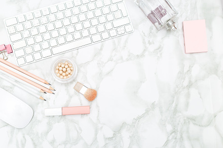 Feminine desktop. Marble background, a Business Photo by Nastassia
