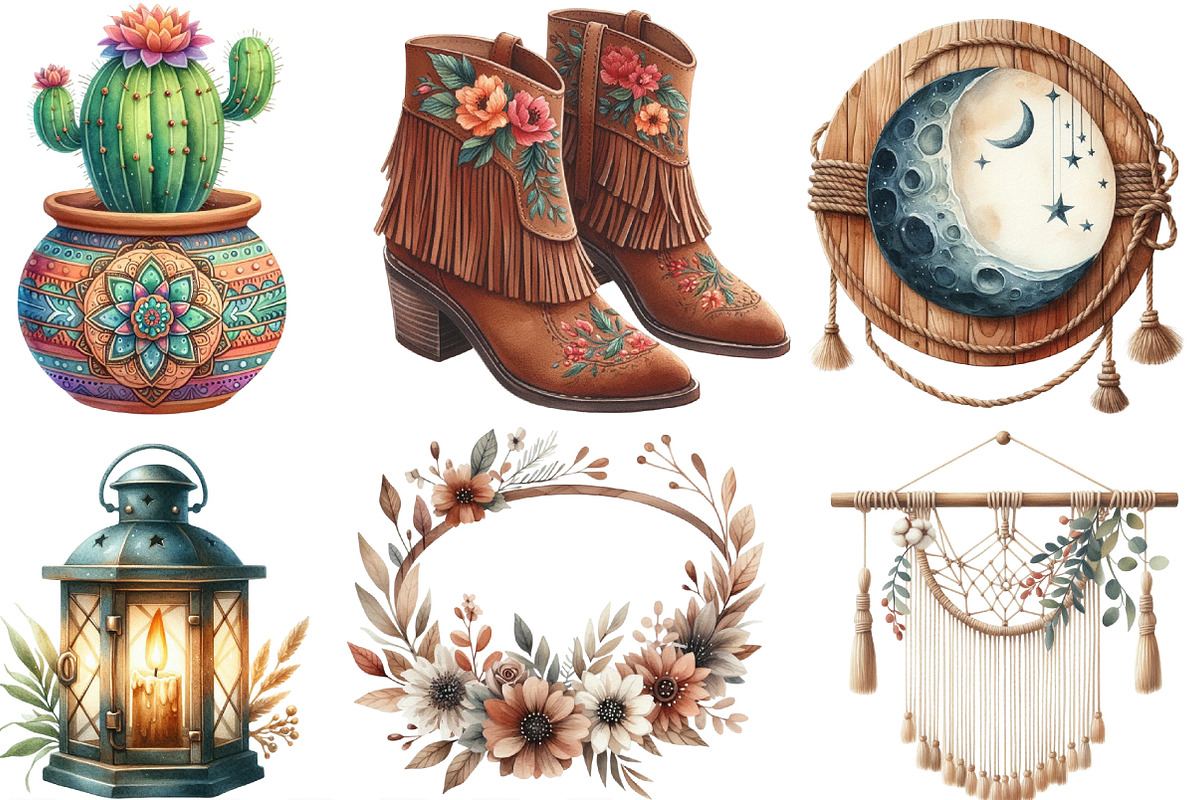 Watercolor Rustic Boho Clipart, an Illustration by Designking (Photo 3 of 4)