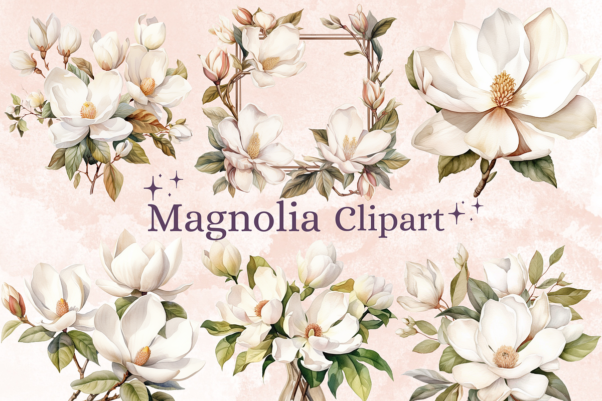 Watercolor Magnolia Flowers Set, a Decorative Illustration by GiraffeCreative (Photo 1 of 8)