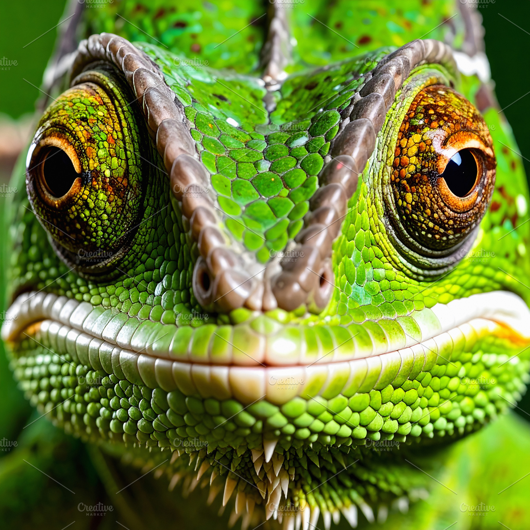 Detailed portrait of green chameleon with textured patterned sca, an Animal Photo by GoodGoods