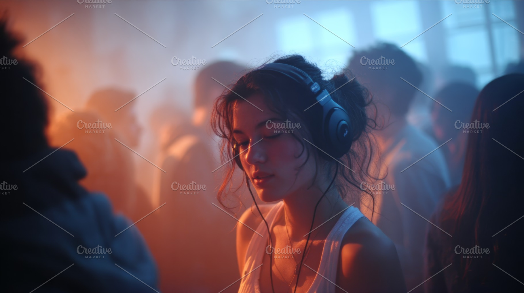 Young woman enjoying music with headphones at a lively social event, a Photo by AS photostudio
