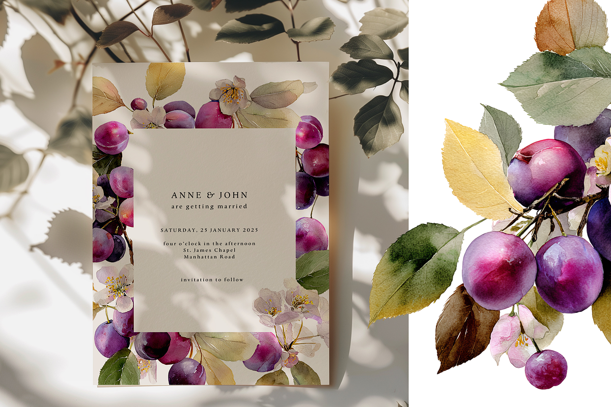 Watercolor Plum Bouquet Clipart, a Decorative Illustration by ThaismotaCreativeCo (Photo 8 of 12)