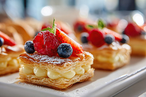 Puff pastry squares filled with creamy custard and topped with fresh berries on, a Food & Drink Photo by AlyaAnd