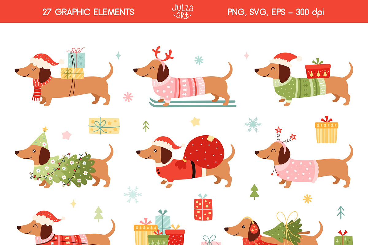 Christmas Dachshunds Collection, a Seasonal Illustration by JulzaArt (Photo 2 of 10)