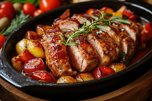 Richly seasoned meat with fresh vegetables served on a stylish platter, a Food & Drink Photo by AlyaAnd