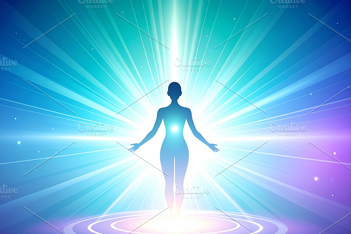 Glowing human silhouette emerging from a small circular base, a Healthcare Illustration by DanFLCreativo