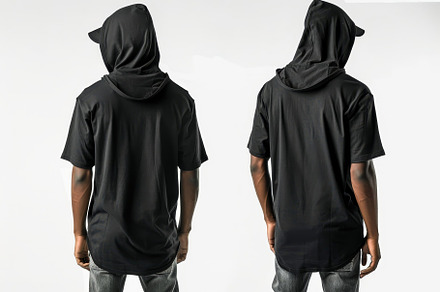 A model displays a stylish black hoo, a Photo by Tanuart