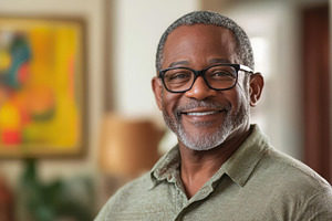 Confident smiling man with glasses, a Photo by Pavel_design