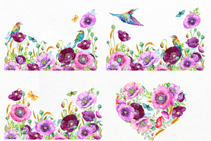 Purple Poppy Watercolor Clipart