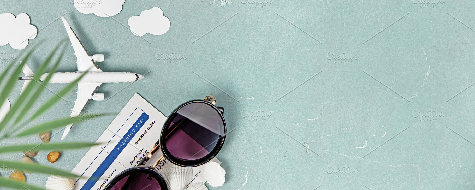 Travel Concept Flat Lay with Airplane, Sunglasses, and Boarding, a Beauty & Fashion Photo by Natalia Klenova's Shop