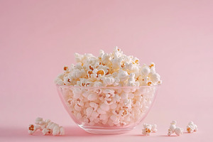 Bowl filled with fluffy hot popcorn against a soft pink background, a Food & Drink Photo by AlyaAnd