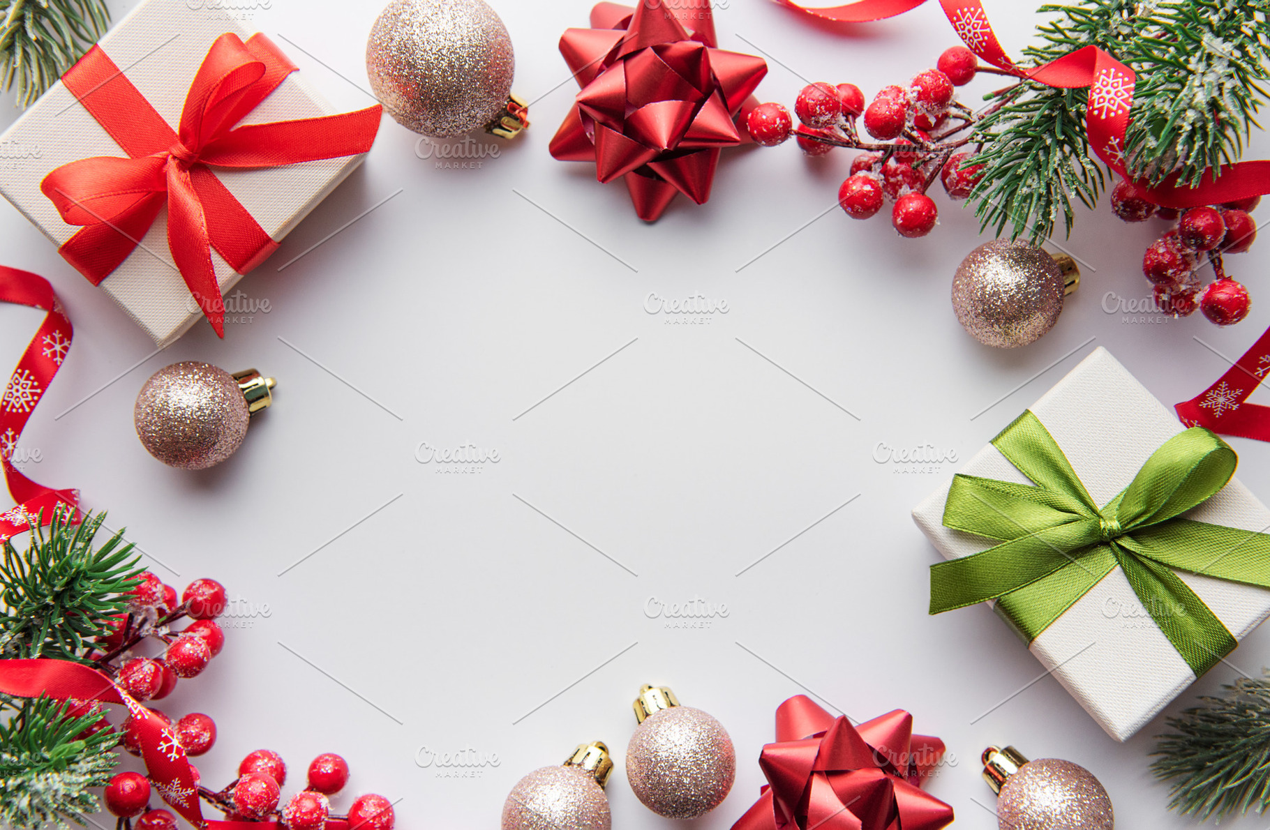 Christmas background with fir tree and decor. Top view with copy, a Holiday Photo by Olena Rudo