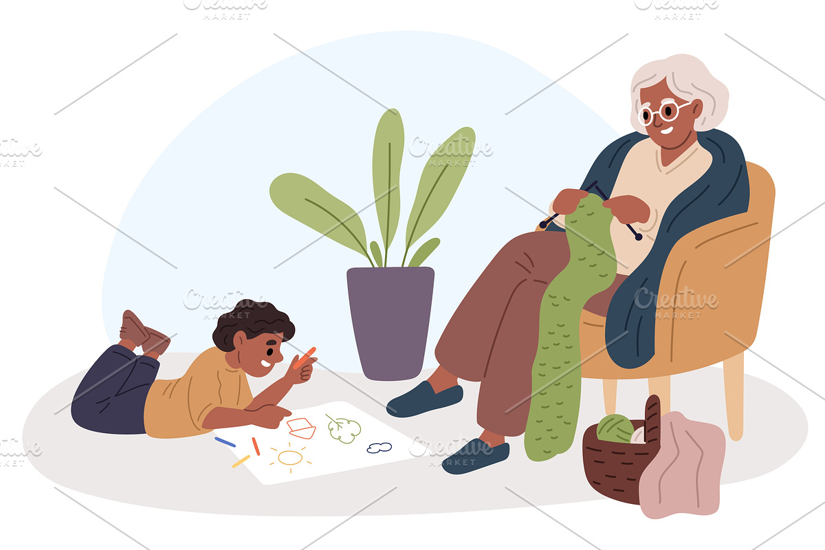Grandmother knits scarf and little, a Person Illustration by Vectorbuum