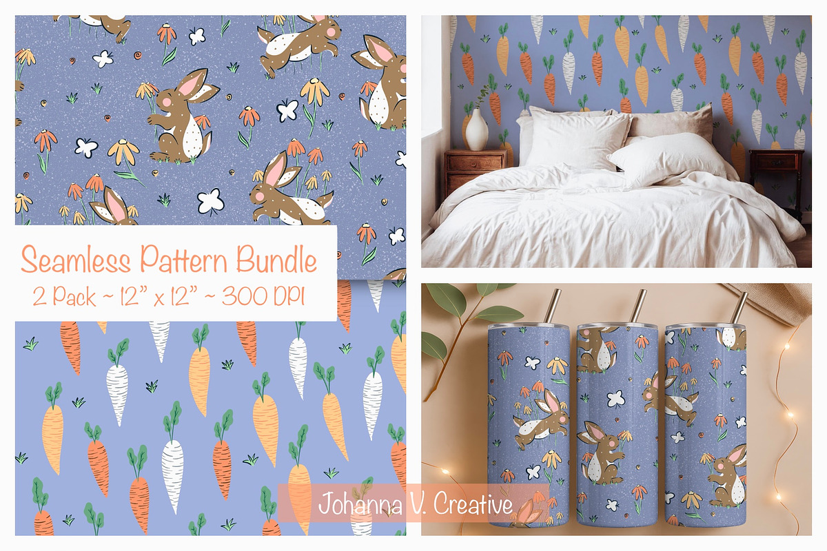 Spring Bunny & Carrot Pattern Set, an Illustration by Johanna V. Creative (Photo 1 of 3)