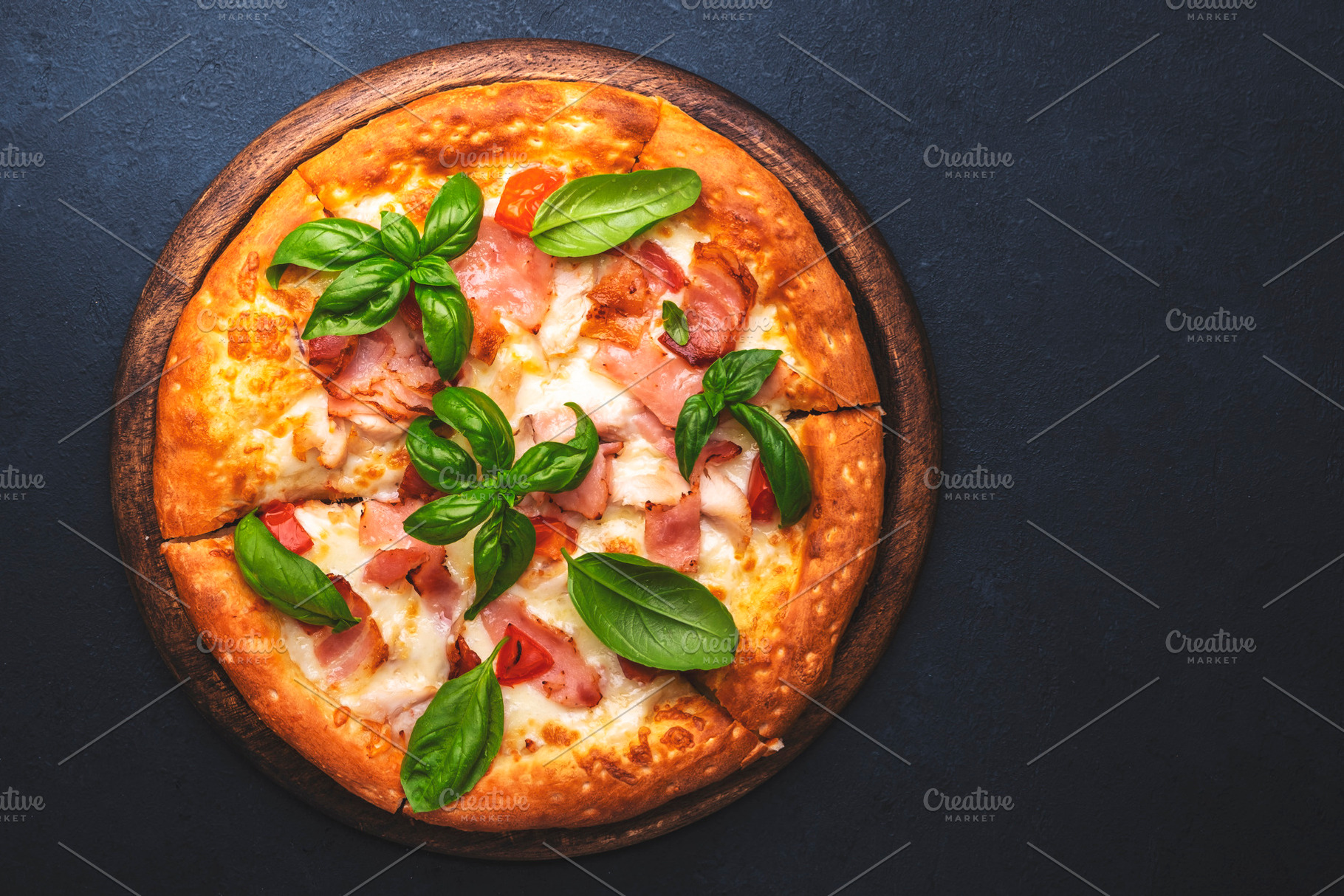 Homemade hot pizza with ham, mozzarella cheese, tomato sauce and, a Food & Drink Photo by 5PH
