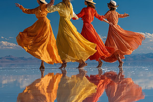 Women in flowing dresses dancing on, a Photo by Pixeness Studio