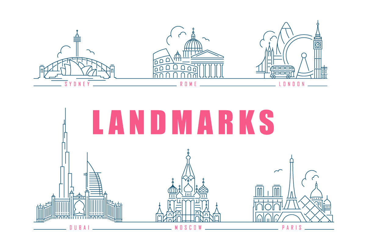 Famous landmarks. Line style icons, an Illustration by popcic (Photo 1 of 5)