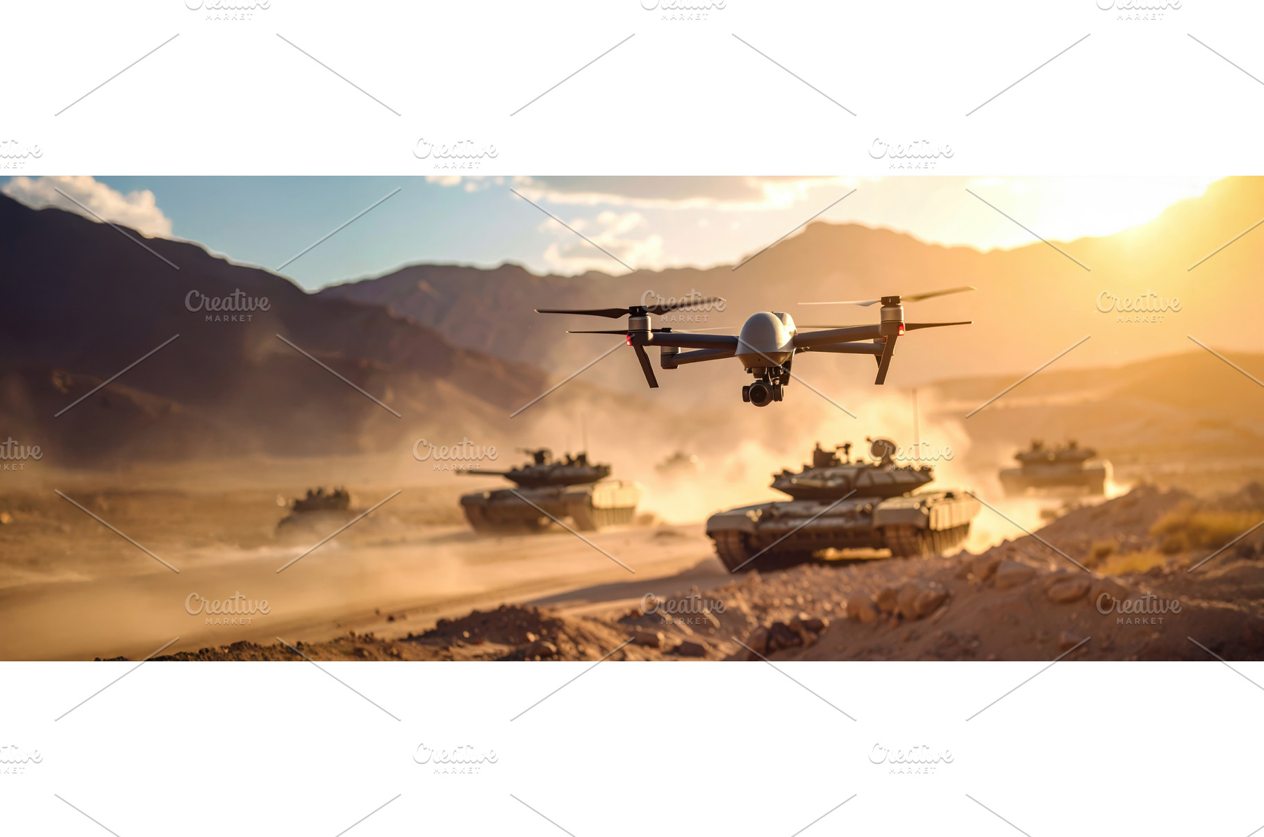 Military drone flying over tanks in, a Technology Photo by Igor Tichonow