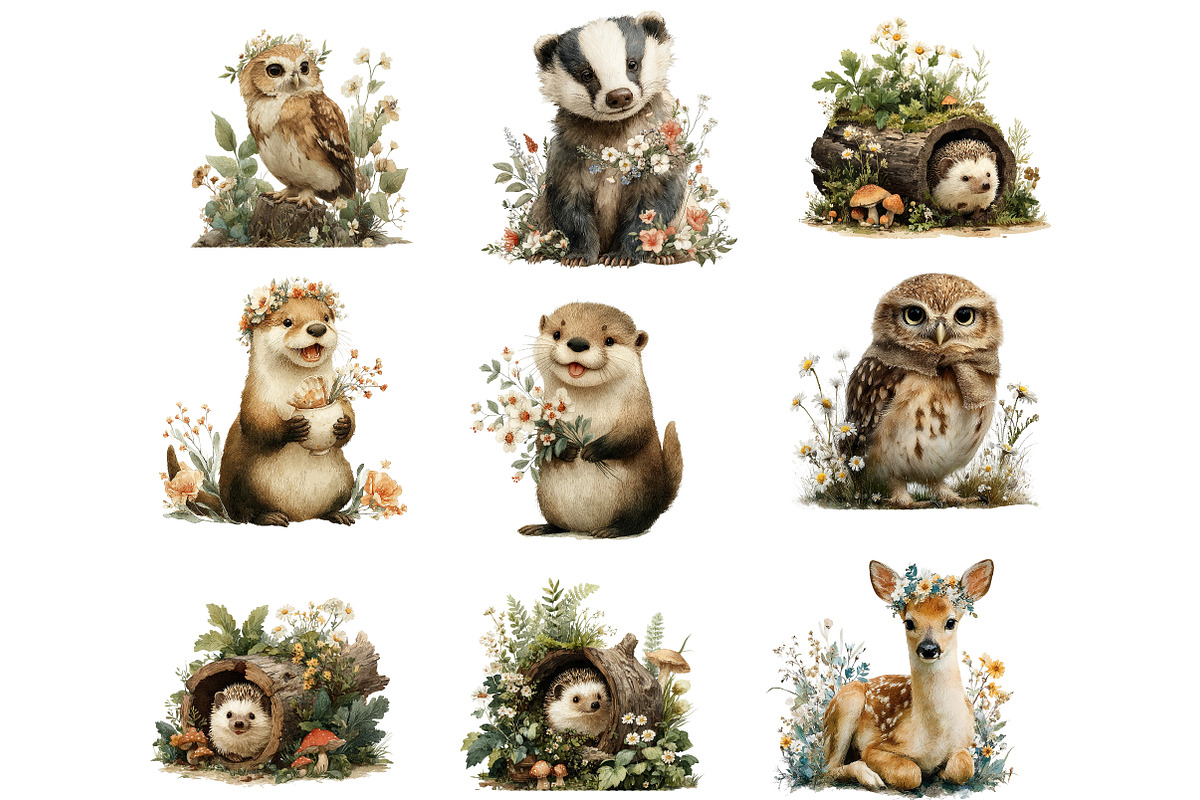 Whimsical Woodland Animal Floral Cli, an Illustration by Designworld (Photo 3 of 4)