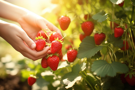 Female hands holding ripe strawberries in the garden, a Photo by AlyaAnd