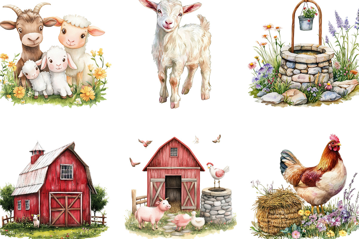 Watercolor Farm Animals Clipart Set, an Illustration by Designking (Photo 3 of 5)