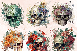 Watercolor Floral Skull Clipart