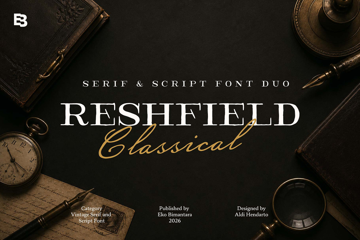 Reshfield; Vintage Script and Script, a Script Font by Eko Bimantara (Photo 1 of 9)