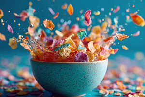 Multicolored cereal flakes splashing in a bowl create a vibrant breakfast setti, a Food & Drink Photo by AlyaAnd
