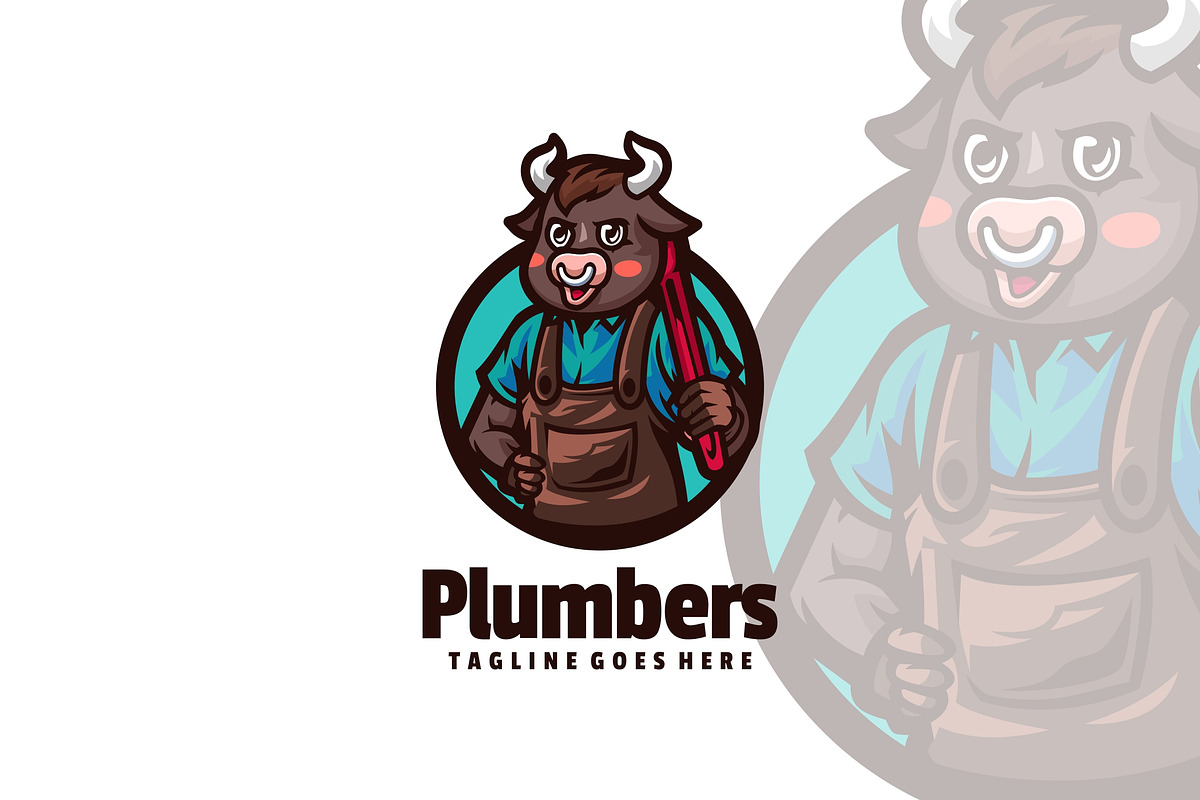 Plumber Bull  Mascot cartoon logo D, a Branding & Logo Template by ModalTampang