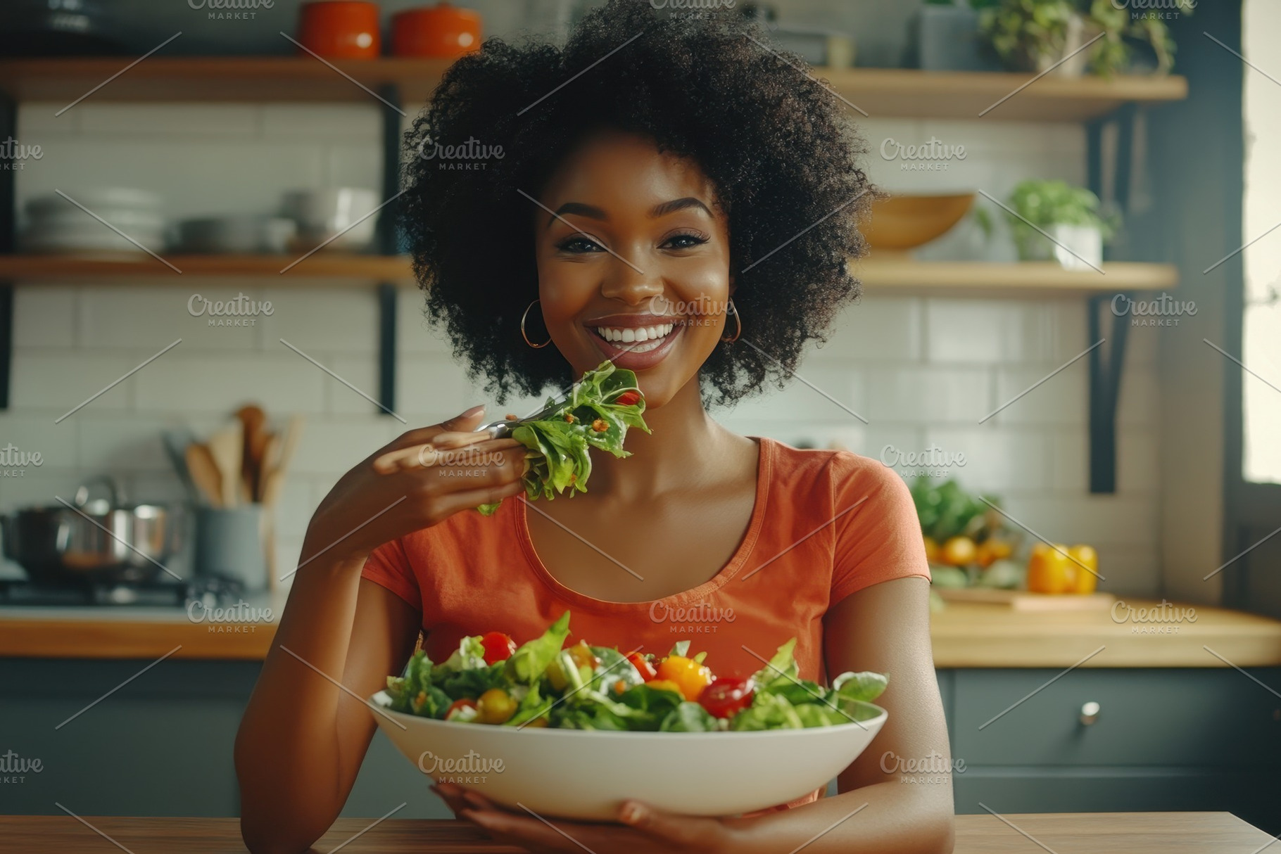 Smiling woman enjoying fresh organic, a Photo by Pavel_design