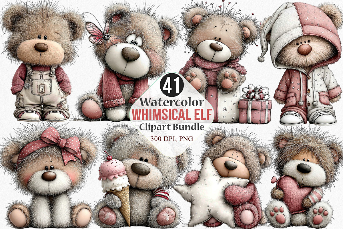 Watercolor Teddy Bear Clipart Bundle, an Illustration by Canvas Craft (Photo 1 of 8)