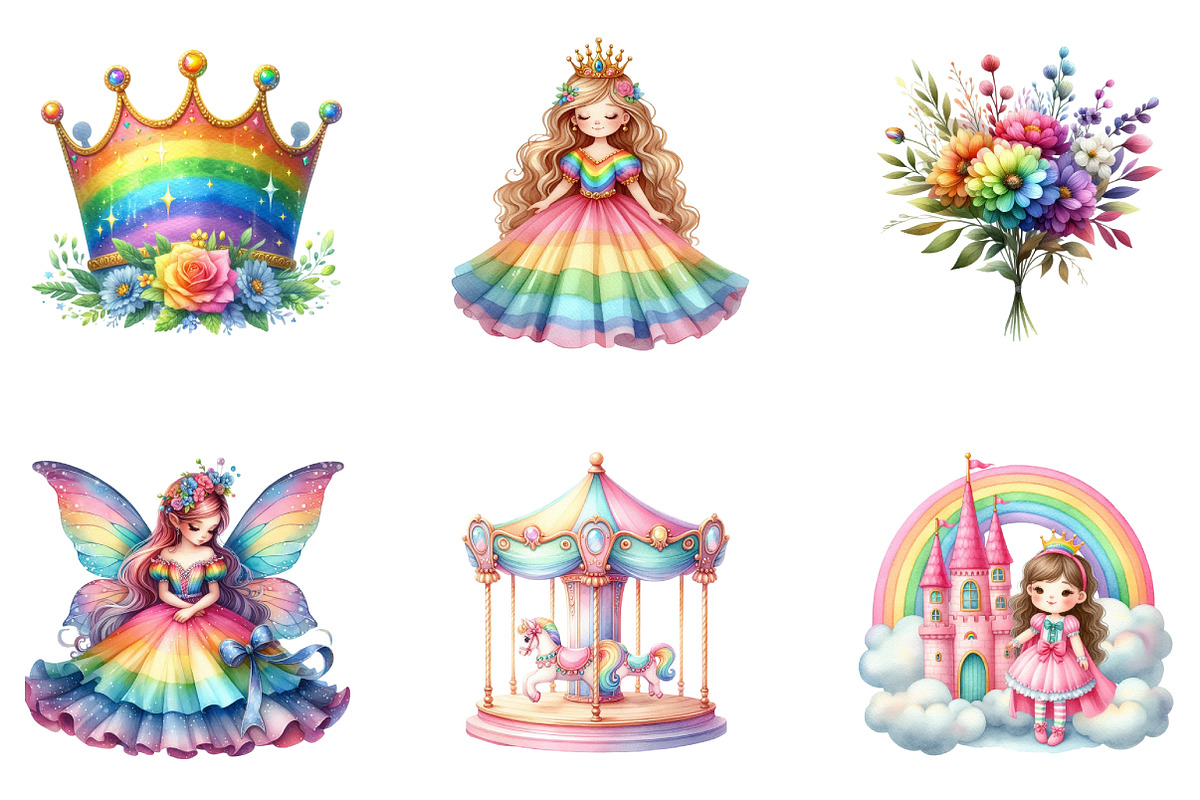 Rainbow Princess Watercolor Clipart, an Illustration by CreationArt (Photo 6 of 7)