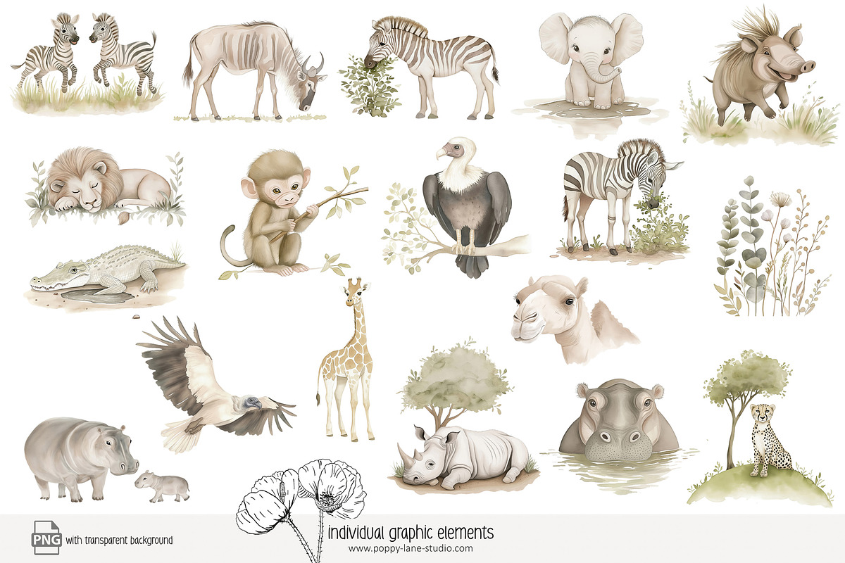 100 African savanna animals clip art, an Animal Illustration by Poppy Lane Studio (Photo 9 of 12)