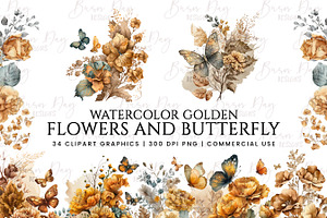 Golden Flowers And Butterfly Clipart