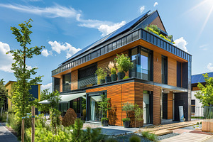 Large eco house with solar panels and green plant, a Photo by AlyaAnd