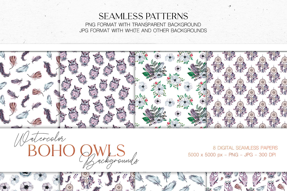 Boho Owls ultraviolet collection, an Animal Illustration by CrystalinaShop (Photo 7 of 11)