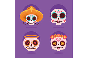 four dia de los muertos skulls, an Illustration by studiogstock