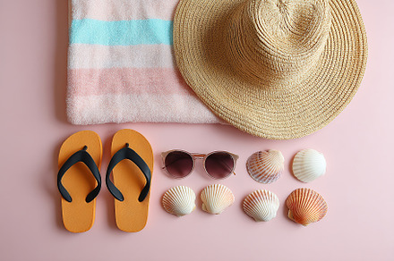 Beach accessories laid out with a straw hat, towel, sunglasses, and seashells o, a Beauty & Fashion Photo by AlyaAnd