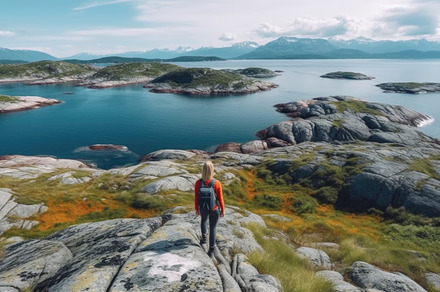 A young woman with a backpack is standing on a rock in the middl, a Person Photo by AS photostudio