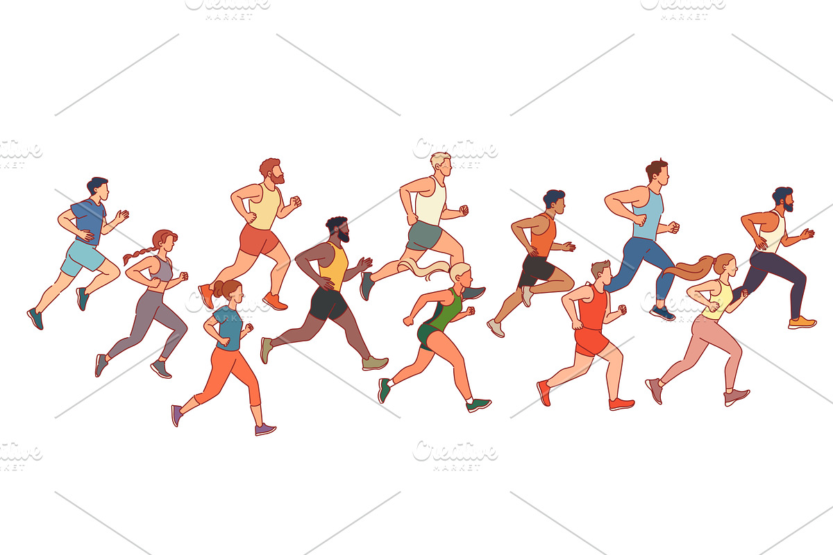Athletes running marathon. People in, a Sport Illustration by YummyBuum